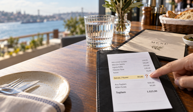 Restoran masasında ürün fiyatlarını gösteren hesap fişi ve yanında bırakılmış bahşiş